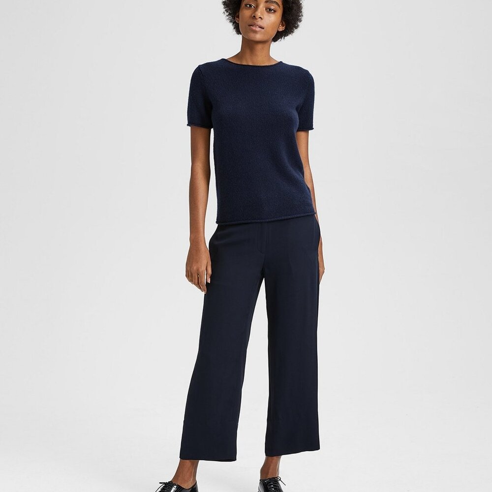 Theory navy dark blue "fluid" silk cropped wide leg pants - 8